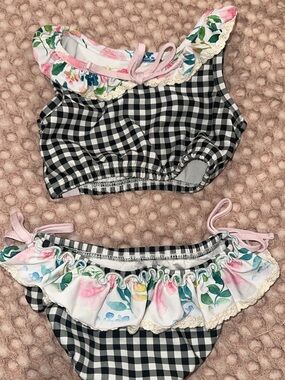 SweetHoney Black & White Gingham Kids Bikini with Pink Floral Ruffle